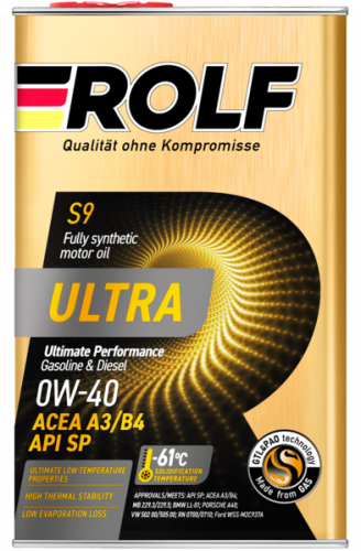 Масло Rolf ULTRA 0W40 SN/CF A3/B4 синтетическое 1 литр